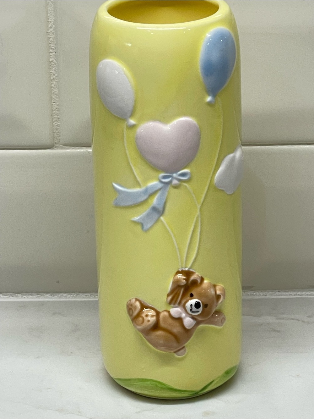 Yellow Vtg F.T.D.A. Flower Vase Bear Balloon Blue Baby Nursery Decor 1984 Japan